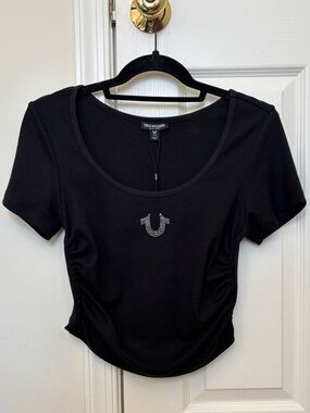True Religion Crystal Horseshoe Logo Scoop Neck Side Stitched Baby Tee